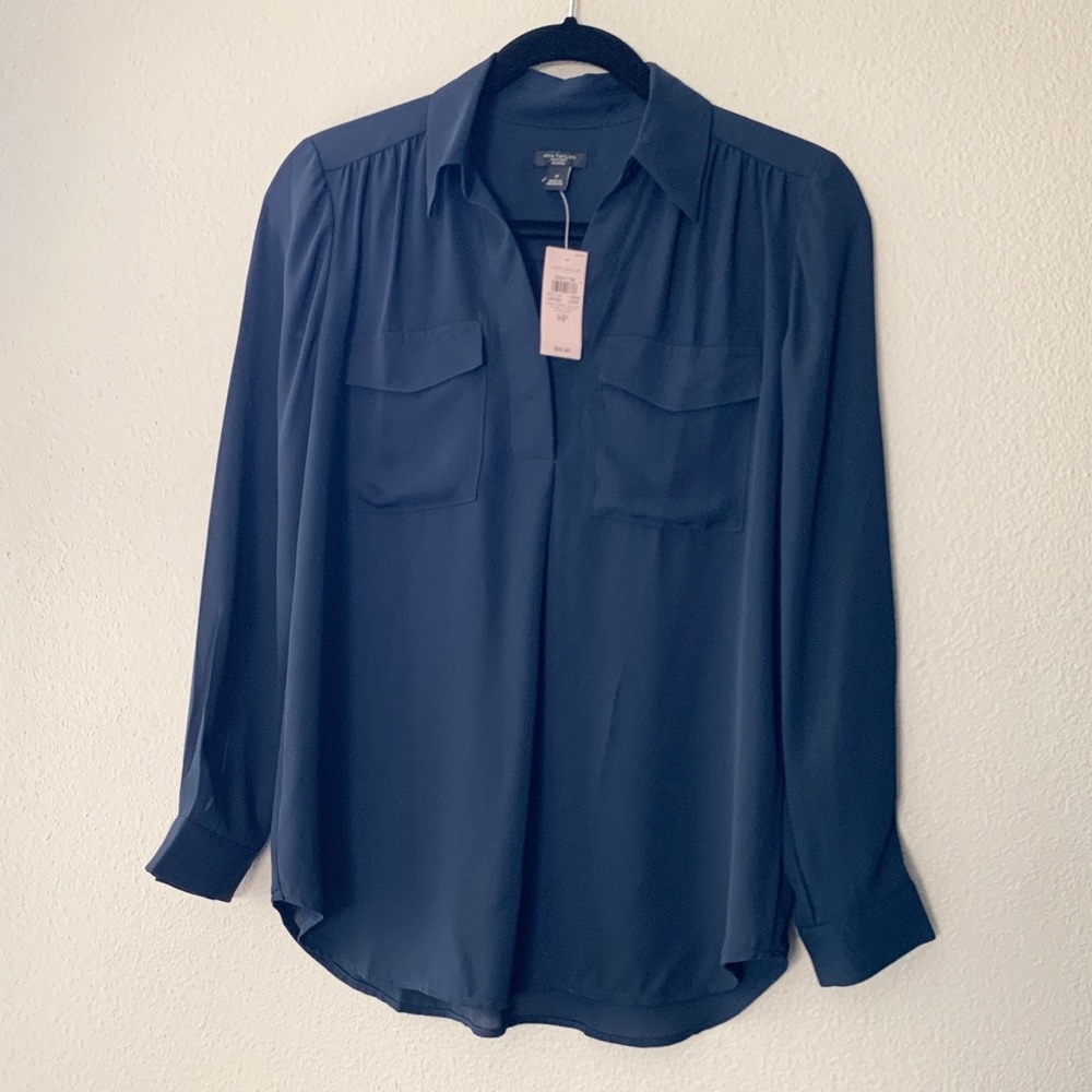 NEW Ann Taylor navy long sleeve button up blouse S